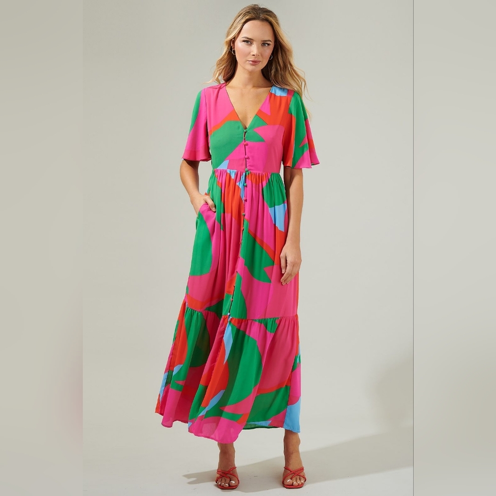 NWT Sugarlips Prismo Maxi Pink and Green Maxi Sundress with Flutter Sleeves